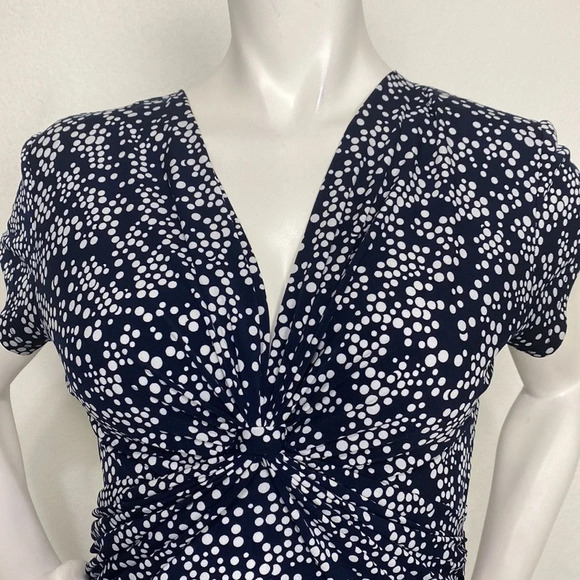 Connected Apparel Navy Blue & White Polka Dot V-Neck Jersey A-Line Dress Size 6 - Picture 2 of 8